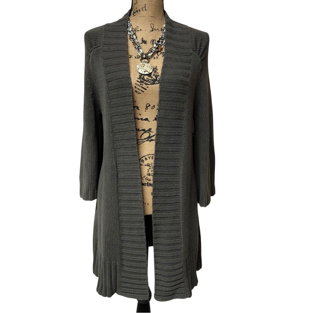 Anthropologie ‘Tabitha’ Charcoal Gray Ribbed Open-Front Long Cardigan Euc!